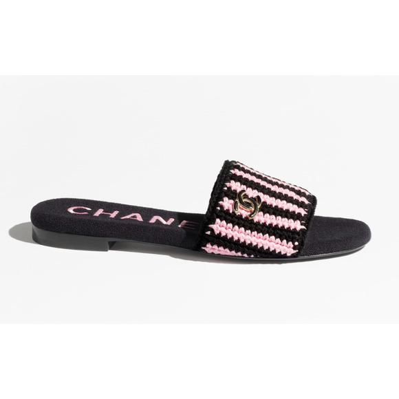 Chanel 24M Black Pink Crochet Stripe Camellia Flower Logo Mule Slide Sandal 39 - Picture 3 of 16